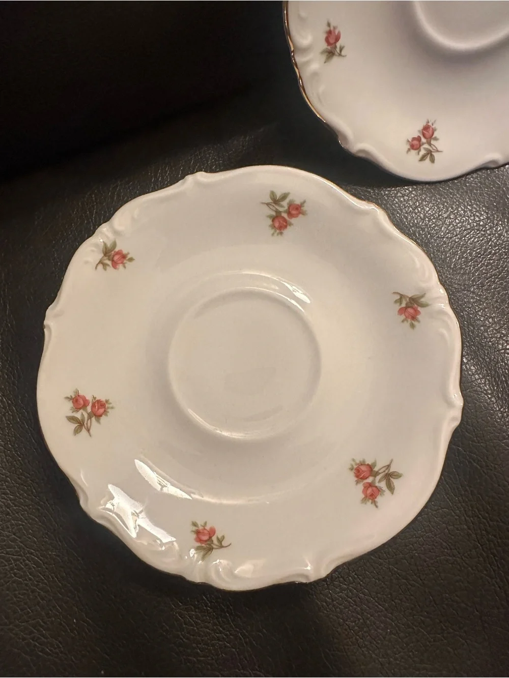Vintage White Porcelain Saucer Pair with Pink Rose Accents